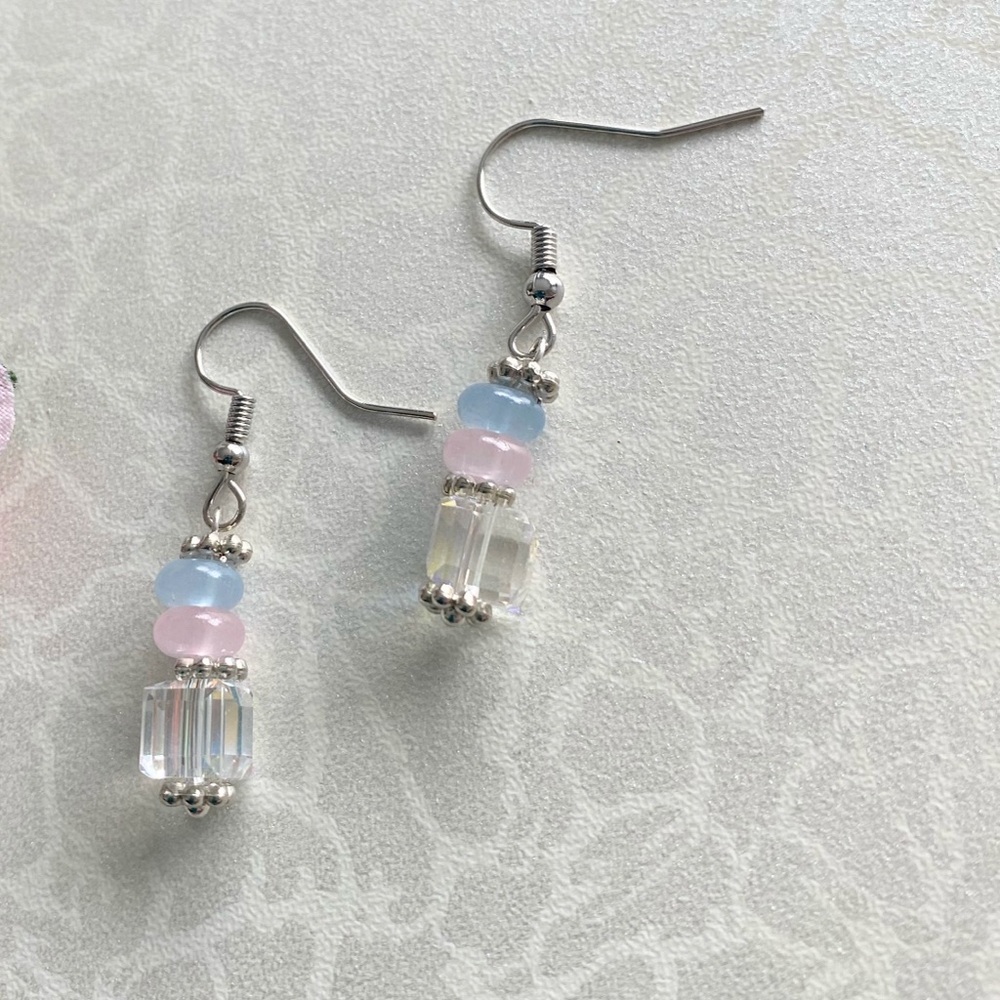Hand Crafted Pastel Pink & Light Blue Bead Earrings